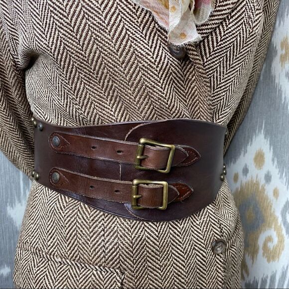 RRL * Distressed Brown Vachetta Leather Playing Card Brass Stud Kidney Belt - Picture 16 of 16